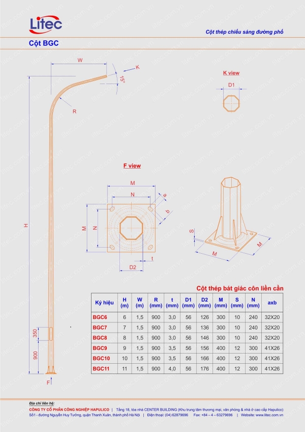 Cột Đèn Bát Giác Liền Cần 6M BGC6